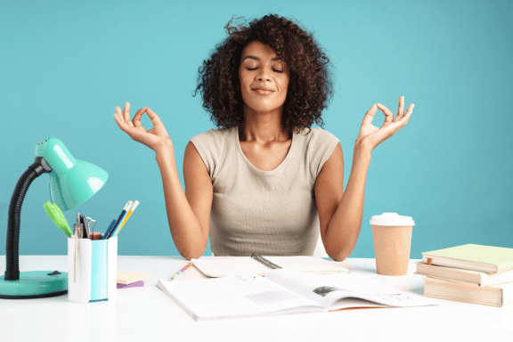 woman, zen, desk
