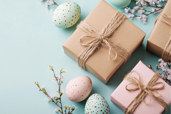 blue background, coloured eggs, gifts