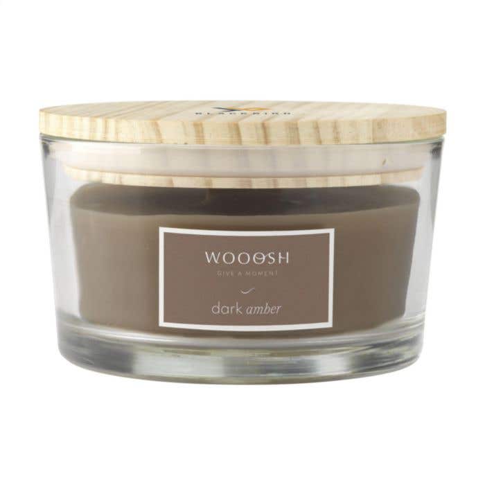 Bougie parfumée Wooosh | Mèche en bois | 35 heures | Parfum ambré