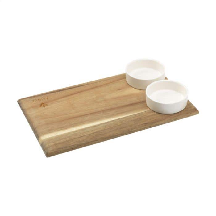 Planche à servir | Bois d'acacia | Avec 2 coupelles en porcelaine