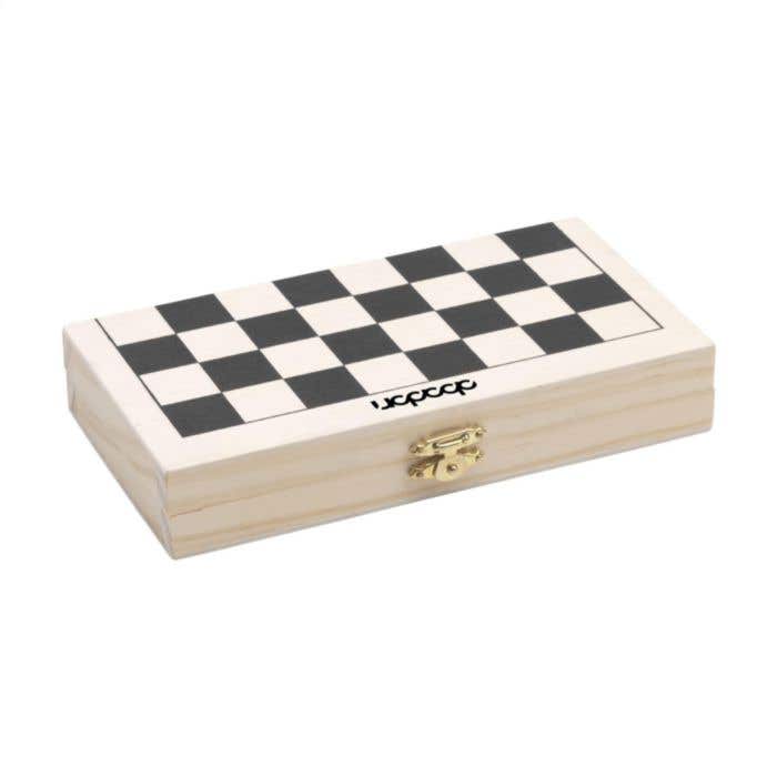 Coffret de jeux 3-en-1 | Bois de pin FSC® | Échecs, dames et backgammon