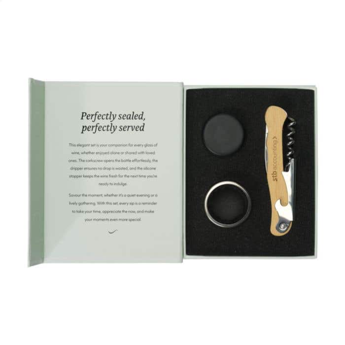 Set à vin Wooosh | Bois FSC® | Couteau de sommelier, anti-gouttes et bouchon