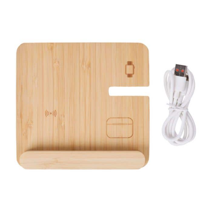 Chargeur sans fil Tribu | Bambou FSC® | 3-en-1 | Avec support pour téléphone