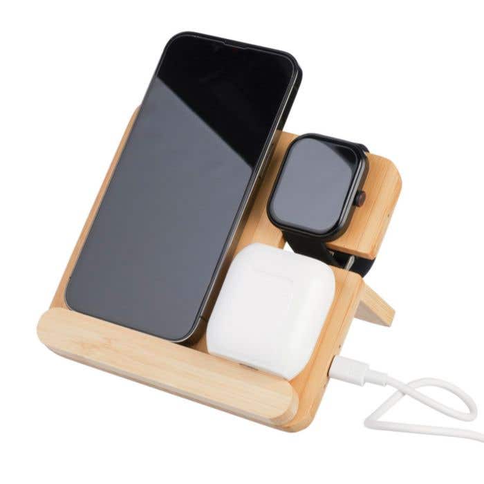 Chargeur sans fil Tribu | Bambou | 3-en-1 | Avec support pour téléphone