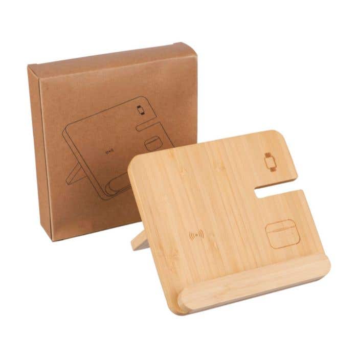 Chargeur sans fil Tribu | Bambou FSC® | 3-en-1 | Avec support pour téléphone