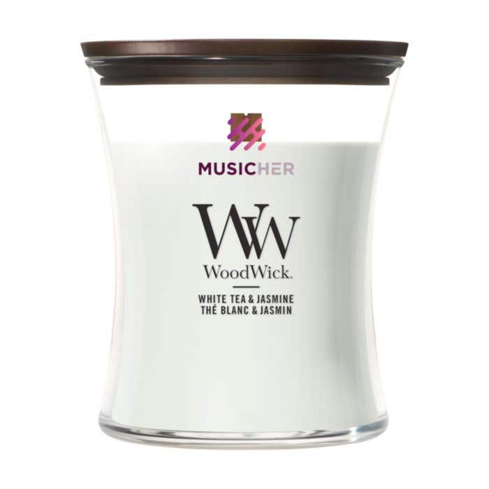 Bougie parfumée WoodWick White Tea & Jasmine | Ellipse | Mèche en bois
