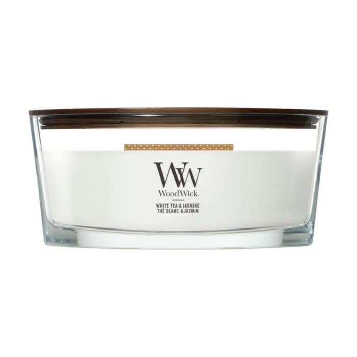 Bougie parfumée WoodWick White Tea & Jasmine | Medium | Mèche en bois