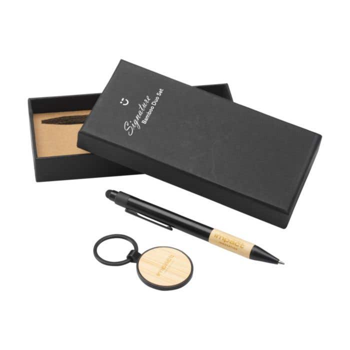 Coffret cadeau Signature Bamboo Duo | Stylo-bille et porte-clés | Bambou