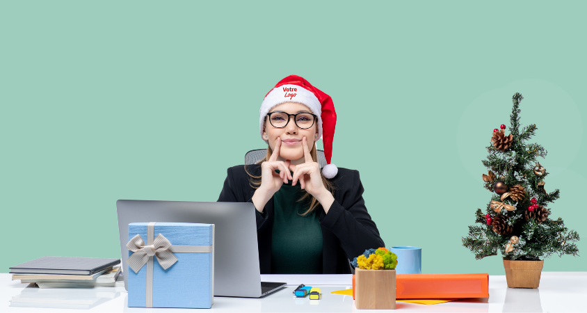 woman, christmas hat, christmas decor, green background, corporate